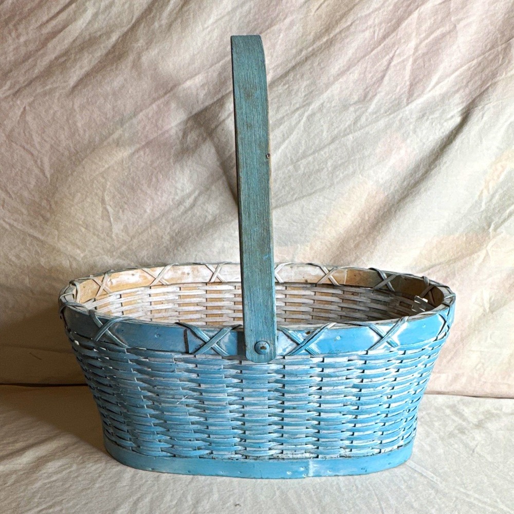 Blue/White Wicker Oval Basket with Handles, Medium Freestanding Indoor